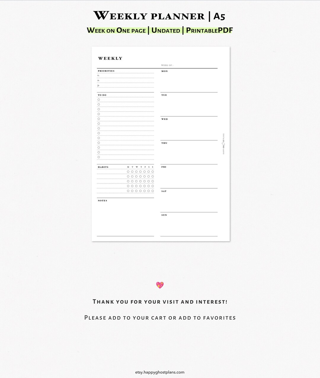 Weekly Planner Printable Insert for A5 Planner | Single Page Weekly ...