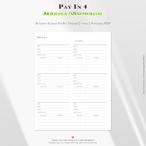 Pode incluir: Um documento PDF imprimível intitulado "PAY IN 4" com um rastreador para Afterpay, Klarna e PayPal. O documento está disponível nos tamanhos A4 (21 x 29,7 cm) e US Letter (21,6 x 27,9 cm). Inclui seções para loja, item, total, valor devido e data de vencimento.