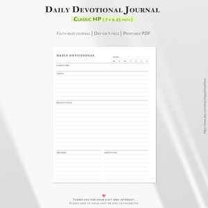 Puede incluir: Una página de diario devocional diario imprimible en blanco con texto y líneas negras. El diseño incluye secciones para fecha, escritura, versículo, reflexiones, oraciones y gratitud. El encabezado dice Daily Devotional, Classic HP 7 x 9.25 inch.