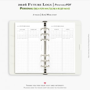 2026 Future logs, 7-pages, Printable inserts for Personal size planner | Y112
