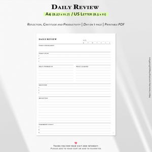 以下が含まれることがあります： 「Daily Review」というタイトルの印刷可能なPDFの日次レビューシート。ハイライト、勝利、作業内容、学習内容、感謝、反省、明日の焦点のセクションが含まれています。シートのサイズはA4（21 x 29.7 cm）です。