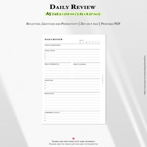 May include: A5 Daily Review printable PDF. The page includes sections for highlights, wins, what was worked on, what was learned, gratitude, reflection, and tomorrow's focus. The page measures 148.5 x 210 mm.