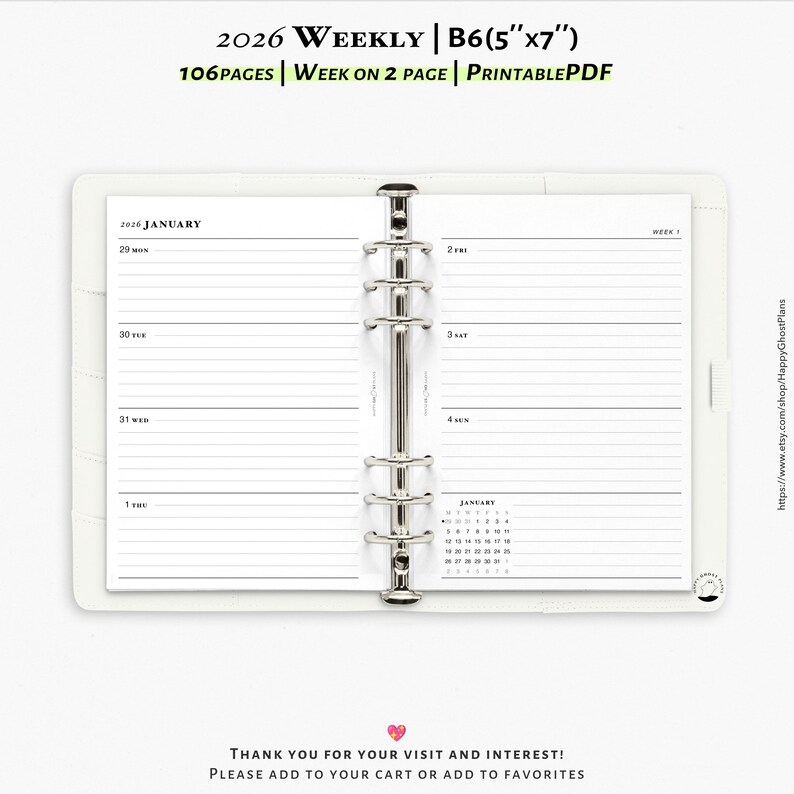 2026 Weekly Planner, Printable Insert for B6(5x7 In) Size Planner ...