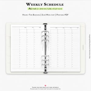 Planificador semanal por horas, inserto imprimible para agenda A5 con diseño vertical sencillo / W105