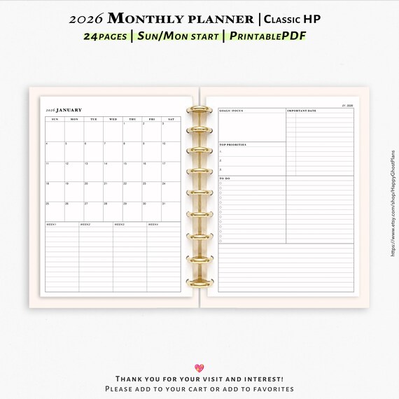 2026 Monthly planner, Printable inserts for Classic Happy Planner | M122