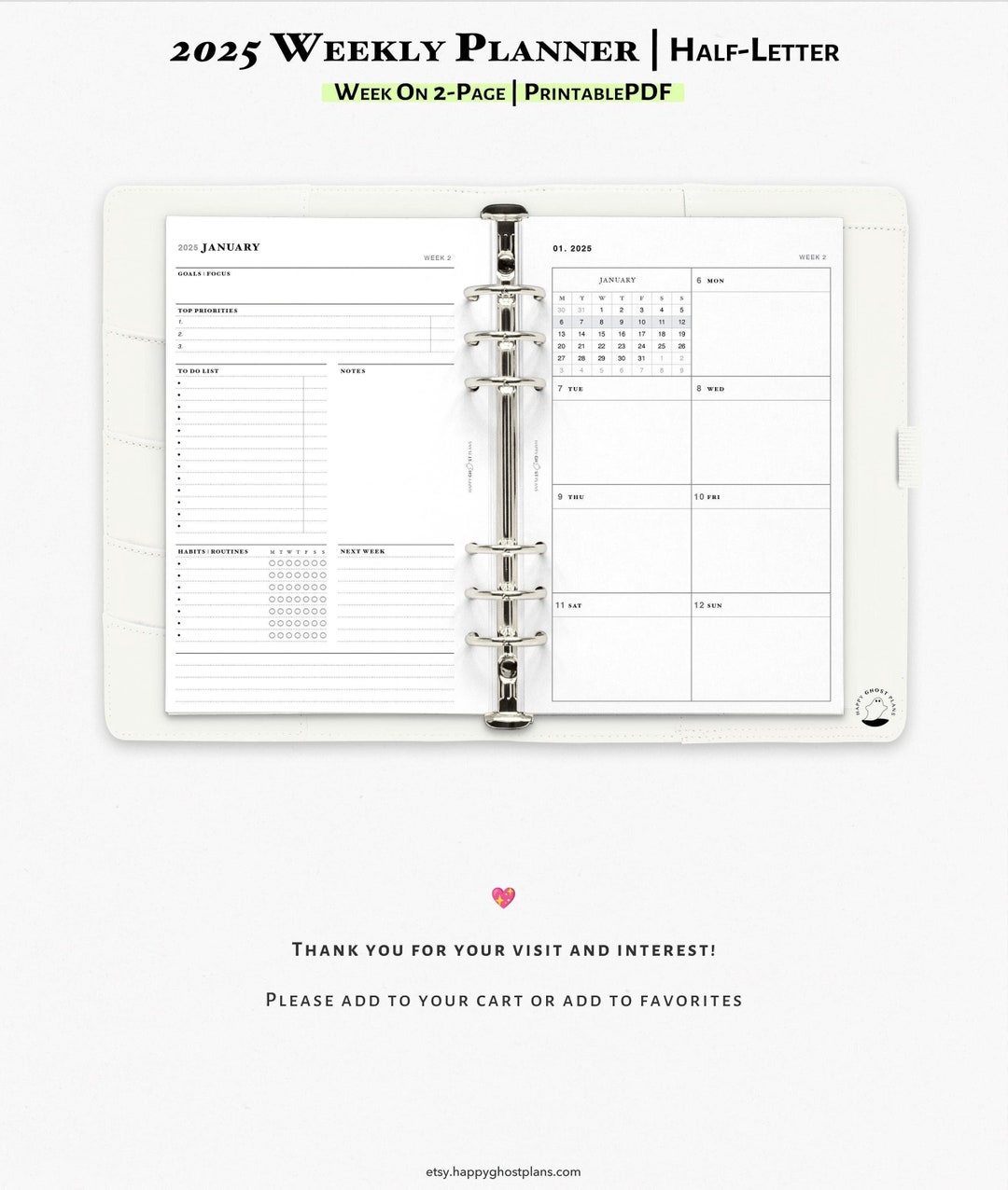 2025 Weekly Planner, Printable Inserts for Half-letter Planner | WO2P ...