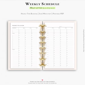 週間時間別プランナー挿入物 - 印刷可能なハーフレター、週間タイムスケジュール（PDFダウンロード）| W107L