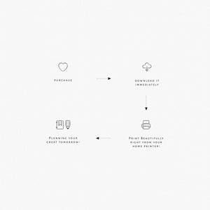 May include: A minimalist graphic with a white background and black text and icons. The text reads "Purchase," "Download it Immediately," "Planning Your Great Tomorrow!" and "Print Beautifully Right From Your Home Printer!" A heart, cloud, notebook and pencil, and printer icons are also present.