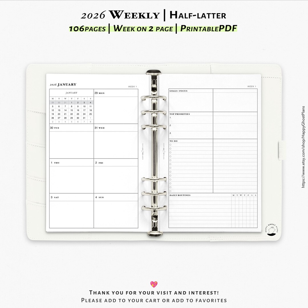 2026 Weekly Planner, Printable Inserts for Half-letter Planner | WO2P ...