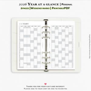 2026 Year at a glance, the weekend marked, Printable inserts for Personal size planner | Y103