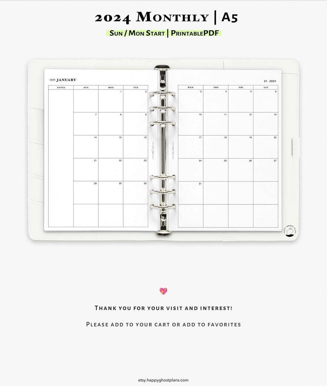 Monthly Planner for 2024 Printable A5 Planner Insert Two Page Calendar