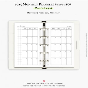 2025 Monthly Planner: Mini Size Printable Inserts (PDF Template) | M102