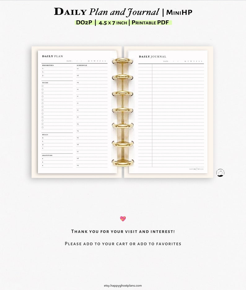 Daily Planner and Journal, Printable Insert for Happy Planner Mini D103 ...