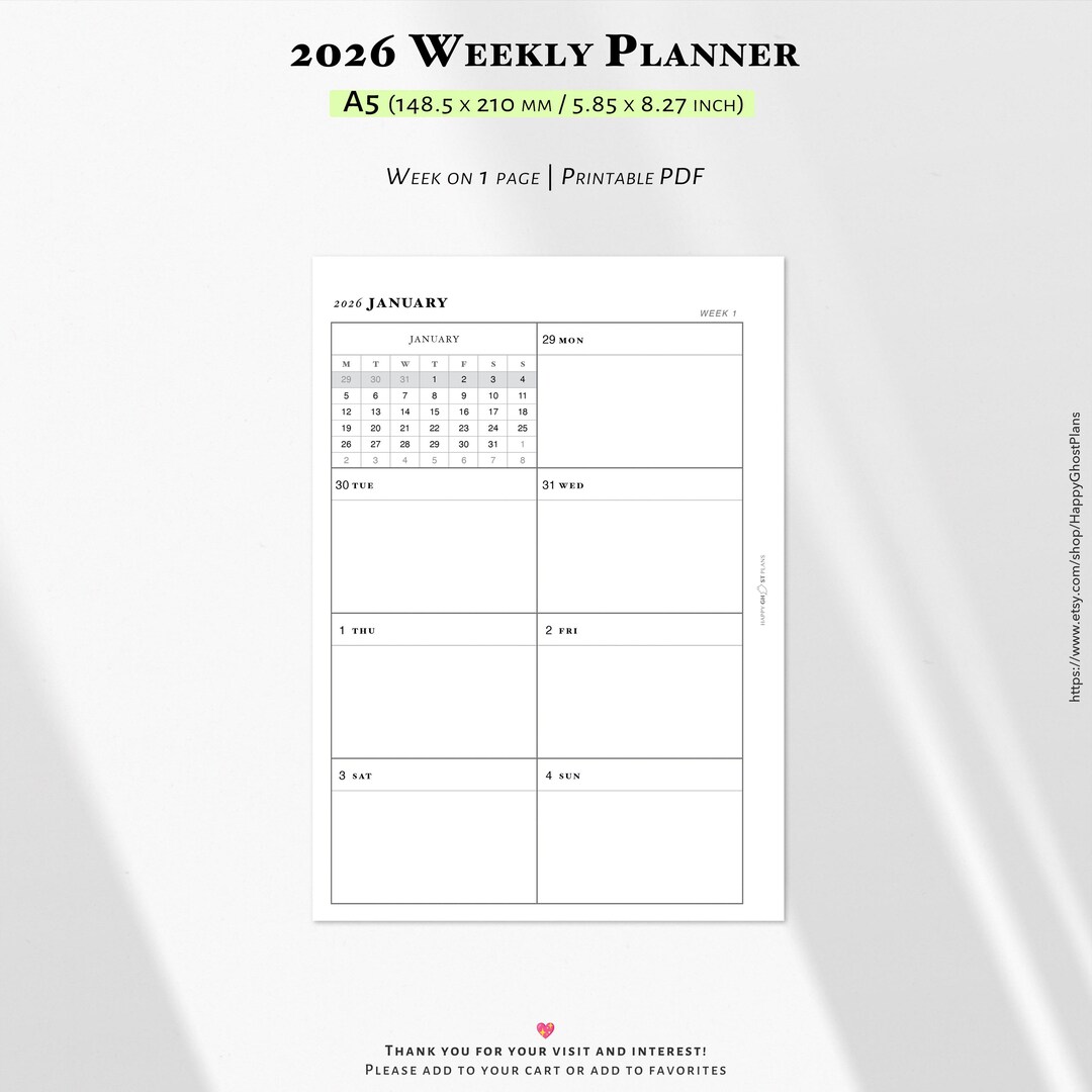 2026 Weekly Planner: Printable A5 Planner Inserts (PDF Download) | W109