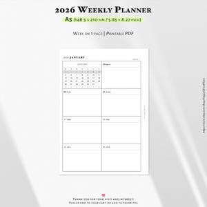 May include: A white 2026 weekly planner with a grid layout for each day of the week. The planner is A5 size, measuring 148.5 x 210 mm. The text "2026 Weekly Planner" and "Week on 1 Page | Printable PDF" are at the top.