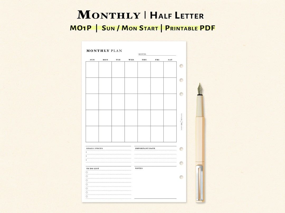 Monthly Planner Printable Half Letter Inserts Month on One - Etsy