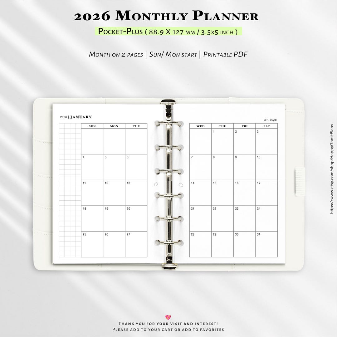 2026 Monthly Planner, Printable Inserts for Pocket-plus Size Planner ...