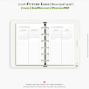 2026 Future logs, 7-pages, Printable inserts for Pocket size planner | Y112
