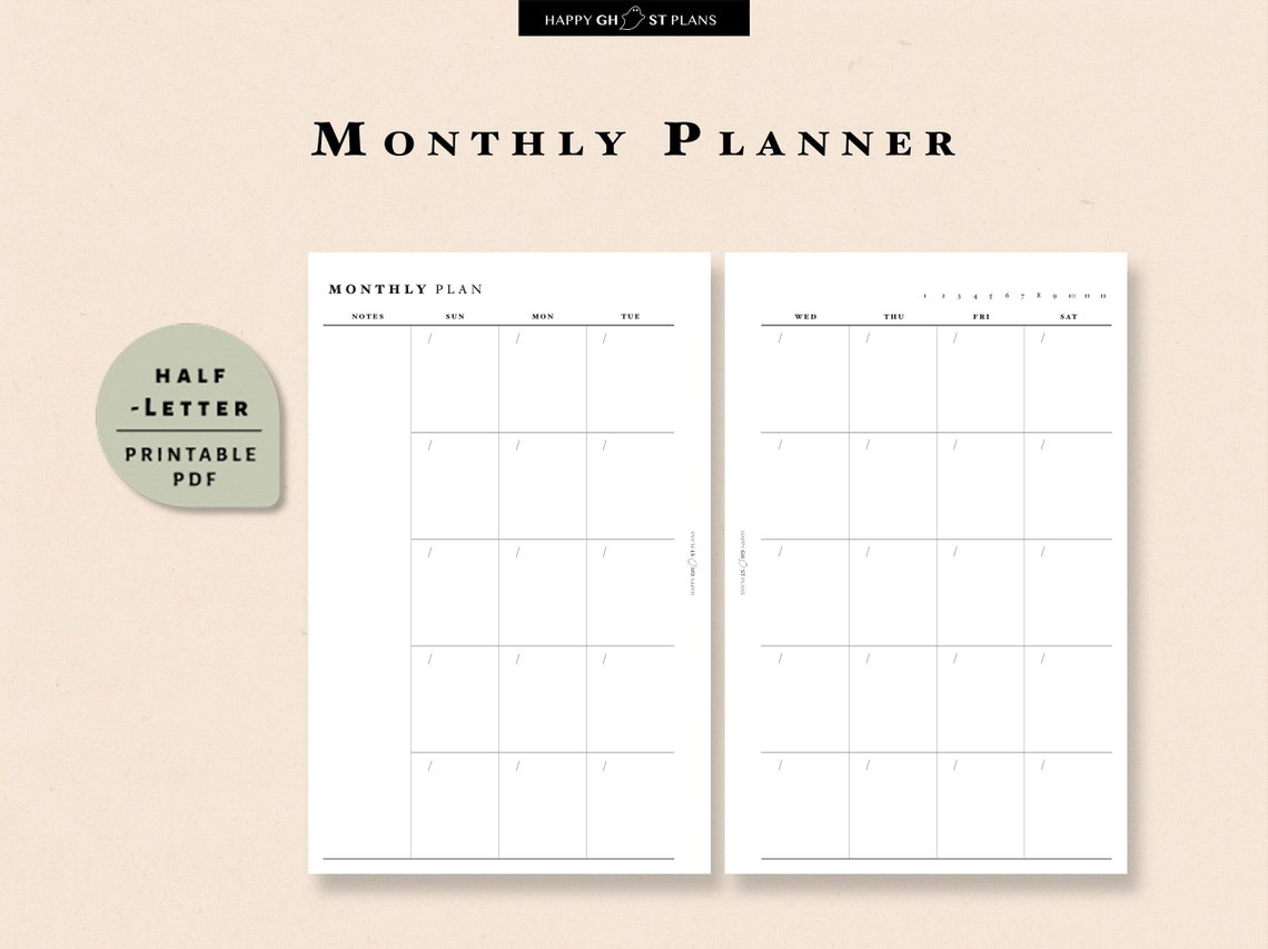 Monthly Planner Printable Half-Letter Blank Calendar PDF | Etsy