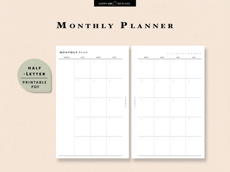Monthly Planner Printable Half-Letter Blank Calendar PDF | Etsy