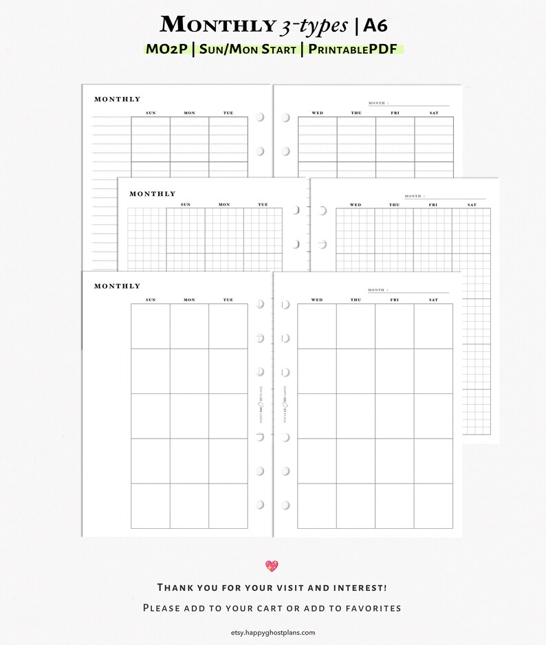 Month on 2 Page Planner Printable A6 Size Inserts Two Page Monthly ...