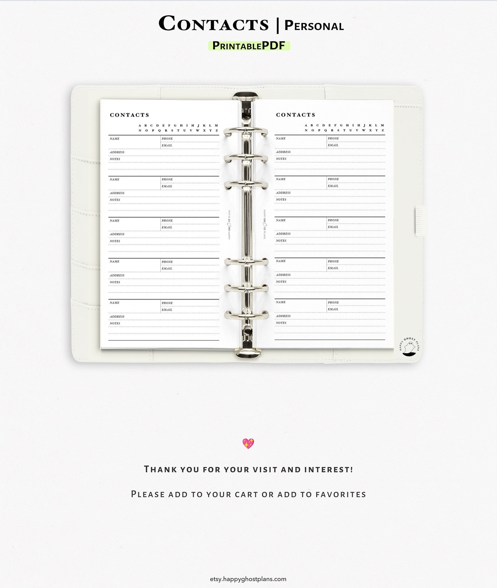Contact List Printable PDF Personal Size Ring Inserts Contact List ...