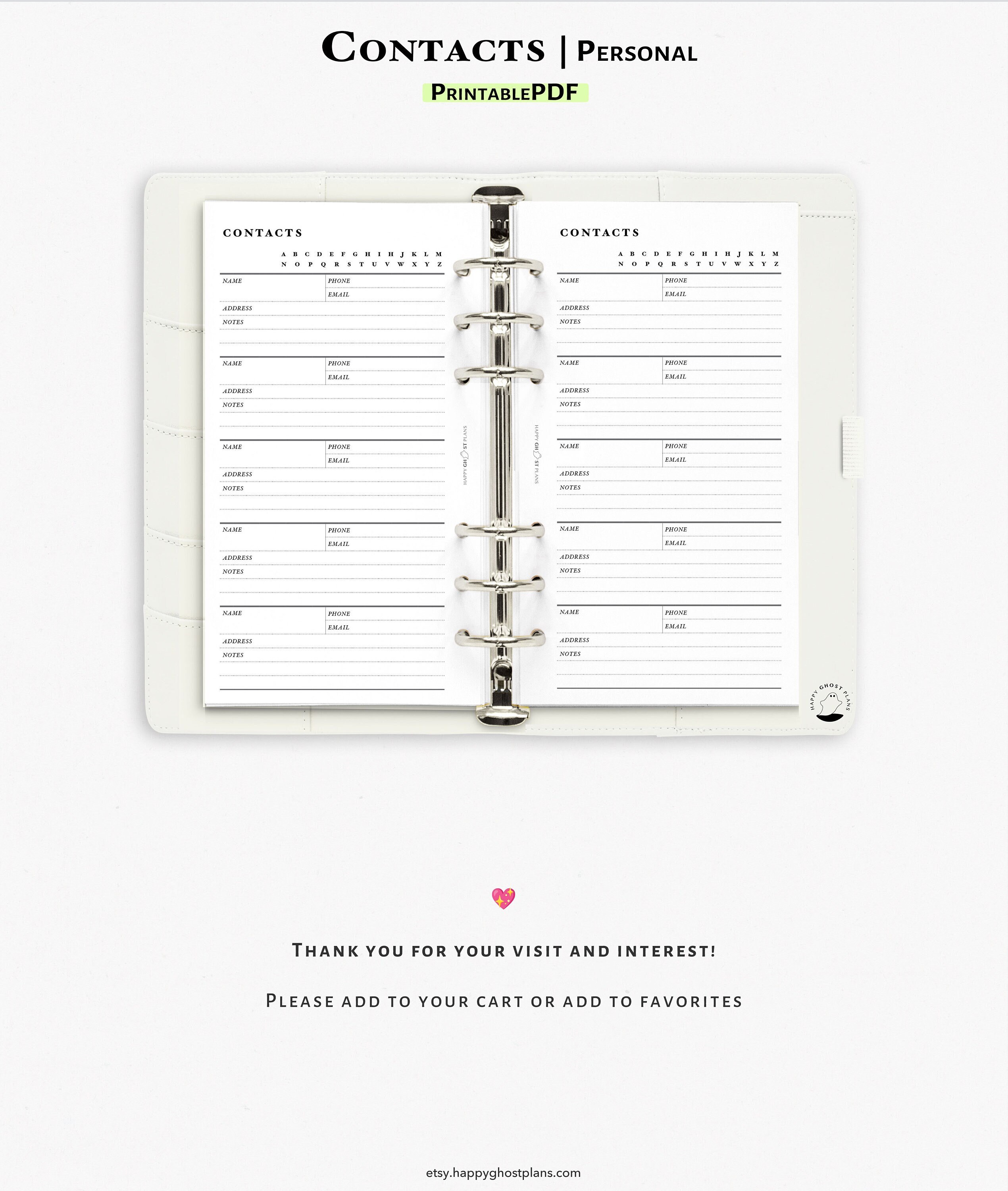 Contact List Printable PDF Personal Size Ring Inserts Contact List ...