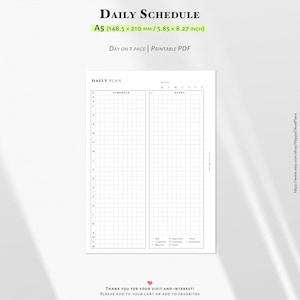 May include: A white printable PDF daily schedule planner. The planner is A5 size, measuring 14.85 x 21.0 cm. The design includes sections for a daily plan, schedule, and notes. The text "DAILY SCHEDULE" is at the top.