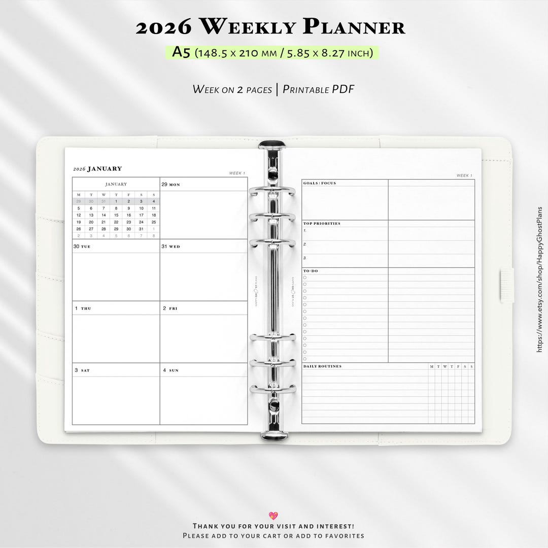 2026 Weekly Planner: Printable A5 Planner Inserts | WO2P | W209 - Etsy