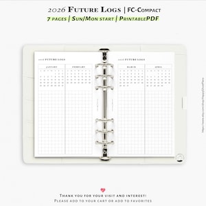 2026 Future logs, 7-pages, Printable inserts for FC-compact planner | Y112