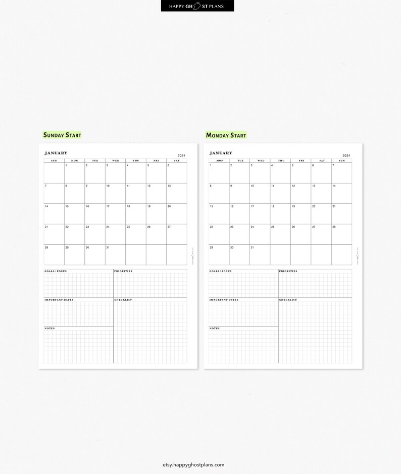 2024 Monthly Planner Printable Insert for A5 Planner One Page Calendar