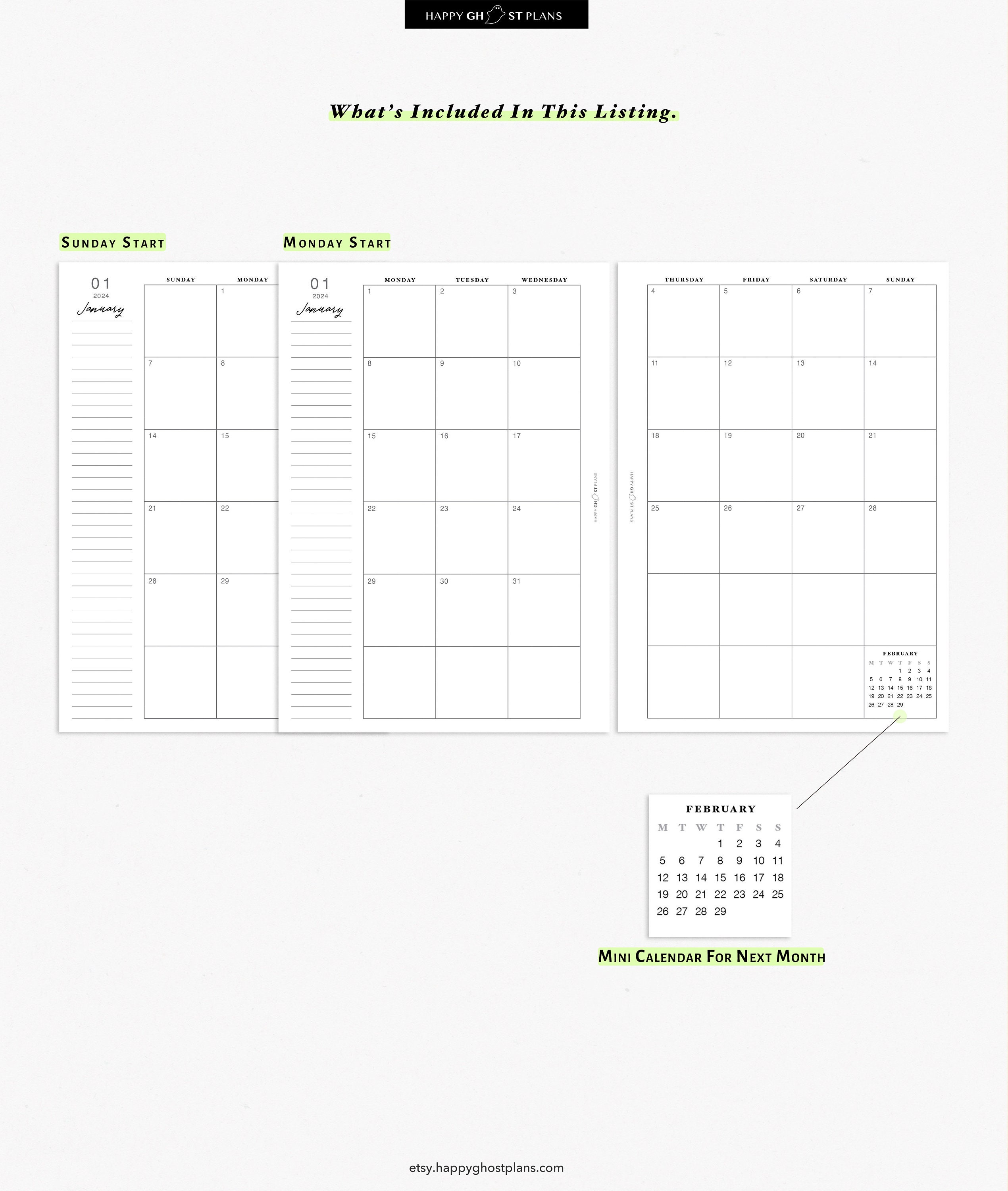 2024 Monthly Calendar Printable Insert for A5 Planner Two Page Calendar ...