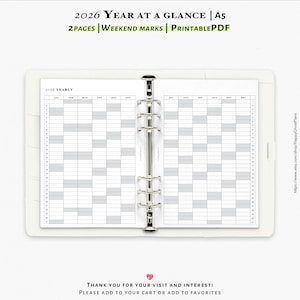 2026 Year at a glance, the weekend marked, Printable inserts for A5 planner | Y103
