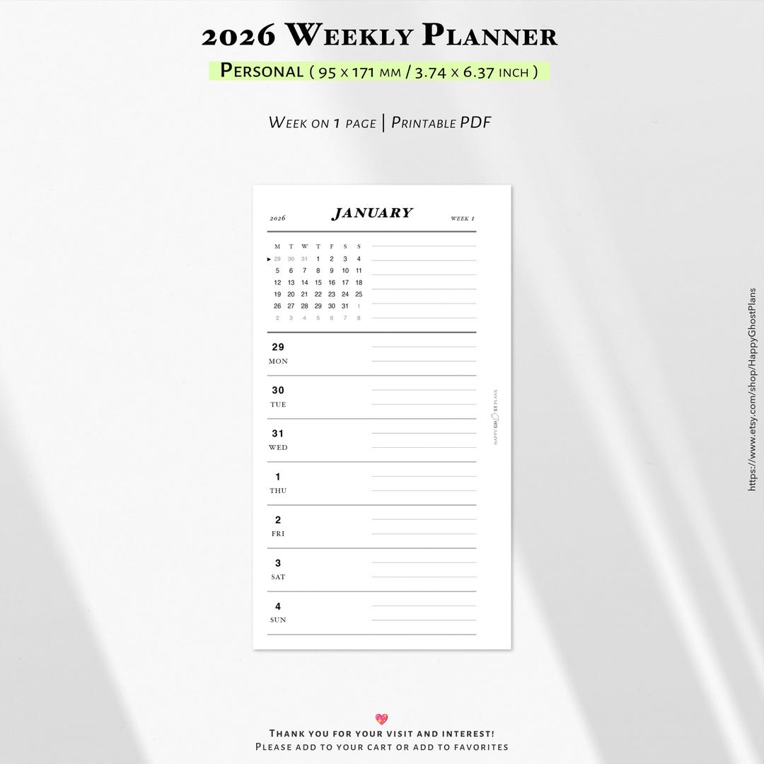 2026 Weekly Planner: Printable Personal Size Planner Inserts (PDF
