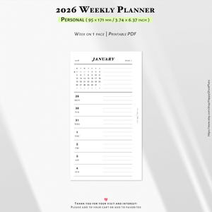 Könnte beinhalten: Eine 2026 Wochenplaner-Seite als druckbares PDF mit den Maßen 95 mal 171 mm. Das Layout zeigt oben einen Kalender für Januar, gefolgt von täglichen Abschnitten von Montag bis Sonntag mit horizontalen Linien für Notizen in schwarzer Schrift.