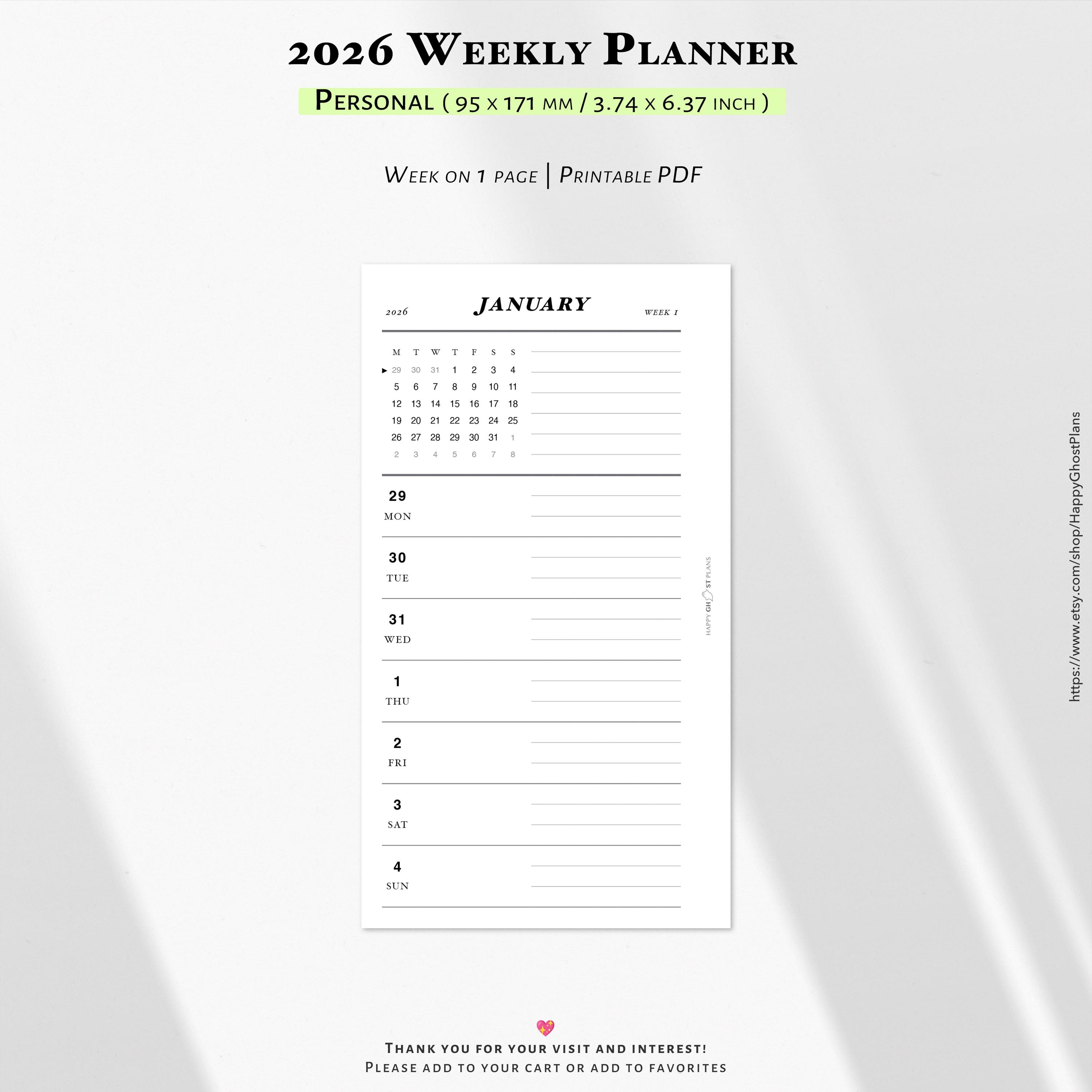 2026 Weekly Planner: Printable Personal Size Planner Inserts (PDF ...