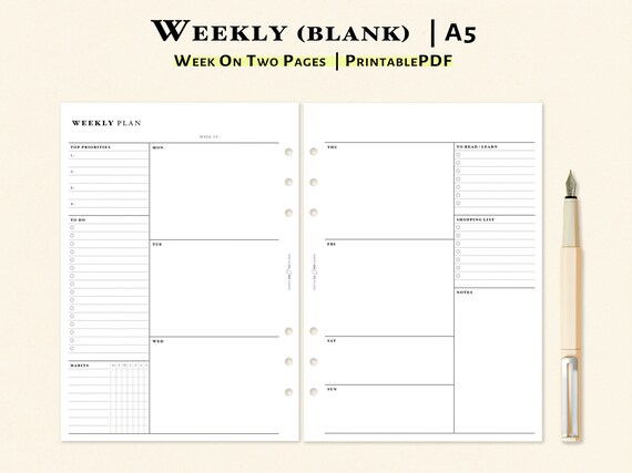 Week on 2 Page Planner Printable A5 Inserts Undated Weekly - Etsy