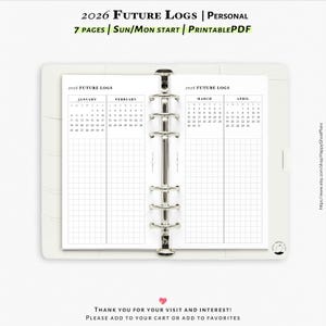 2026 Future logs, 7-pages, Printable inserts for Personal size planner | Y112