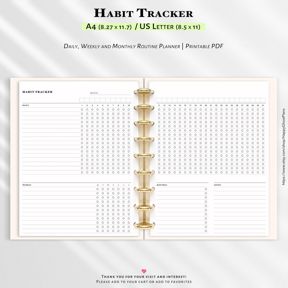 Habit Tracker Printable A4, Letter PDF – Daily, Weekly & Monthly ...