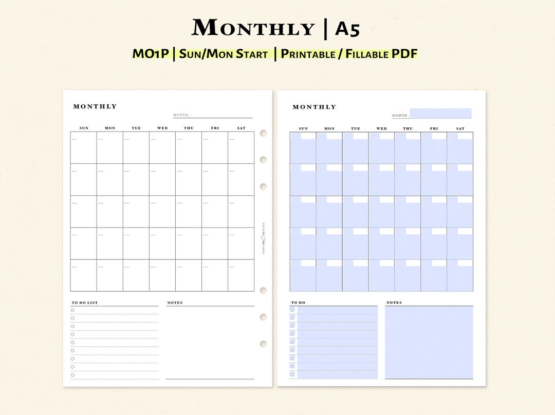 Monthly Planner Printable Fillable PDF A5 Inserts Editable - Etsy