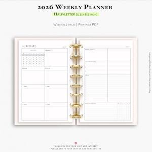 2026 Weekly Planner, Printable inserts for Half-letter planner | WO2P | W209