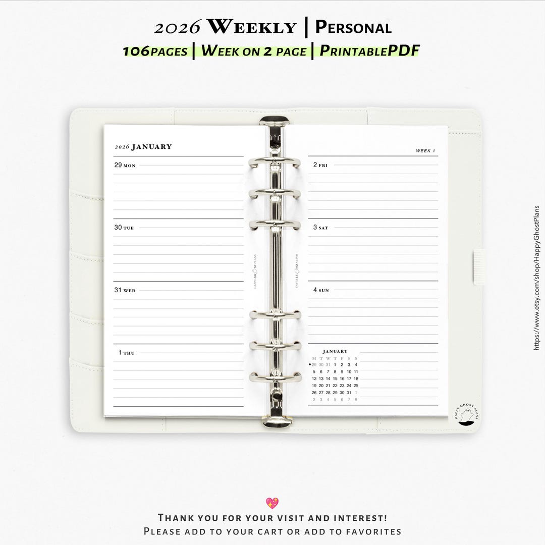 2026 Weekly Planner, Printable Inserts for Personal Size Planner | W101 ...