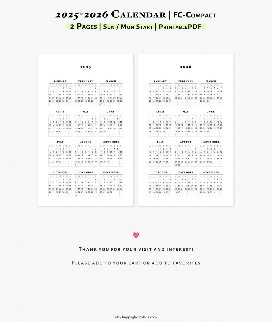 Yearly Calendar 20252026, Printable Insert for Planner