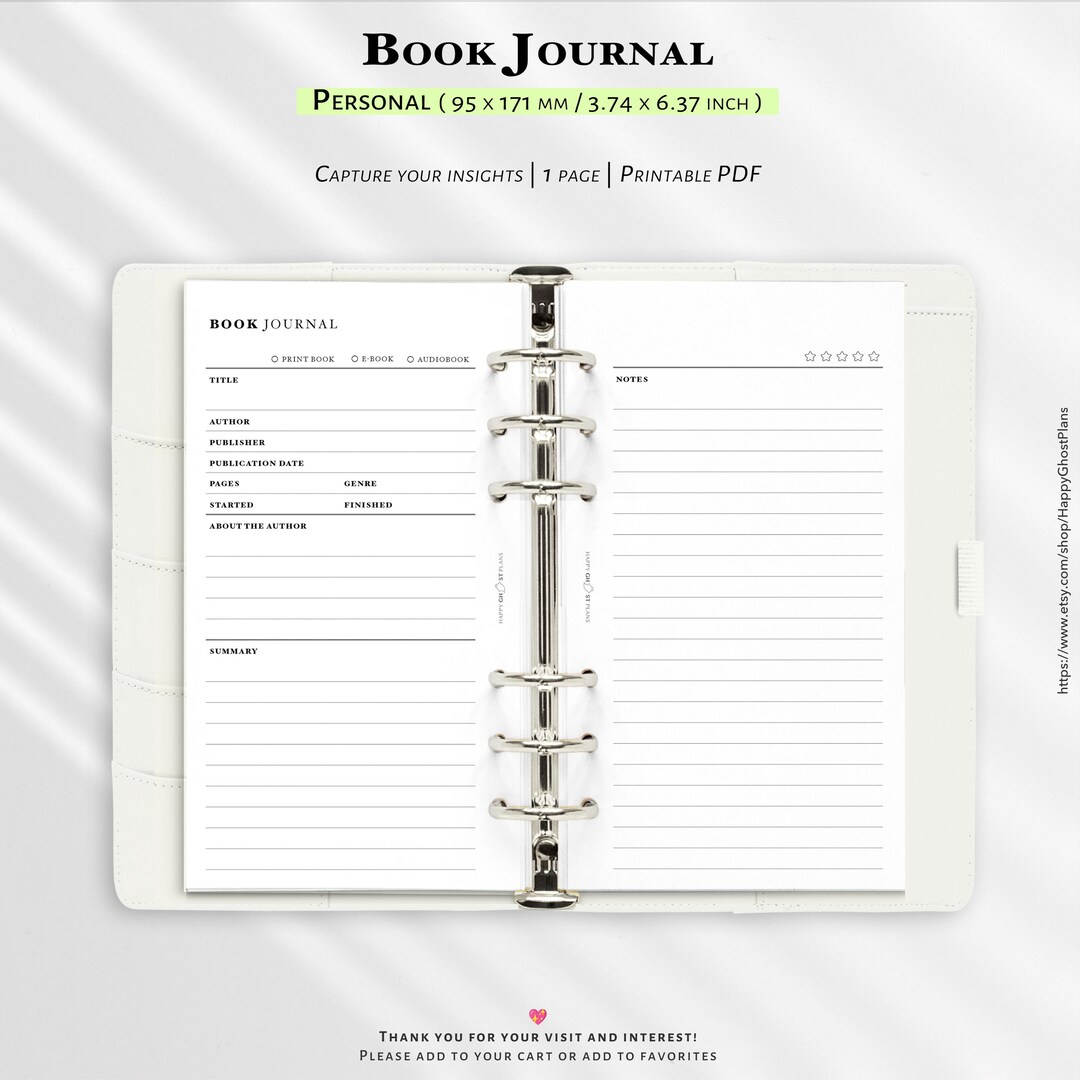 Book Journal Template, Printable Personal PDF – 2 Page Reading Log ...