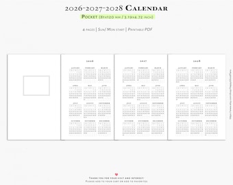 Calendario 2026-2027-2028, Resumen del año, Encartes de bolsillo imprimibles / Y101