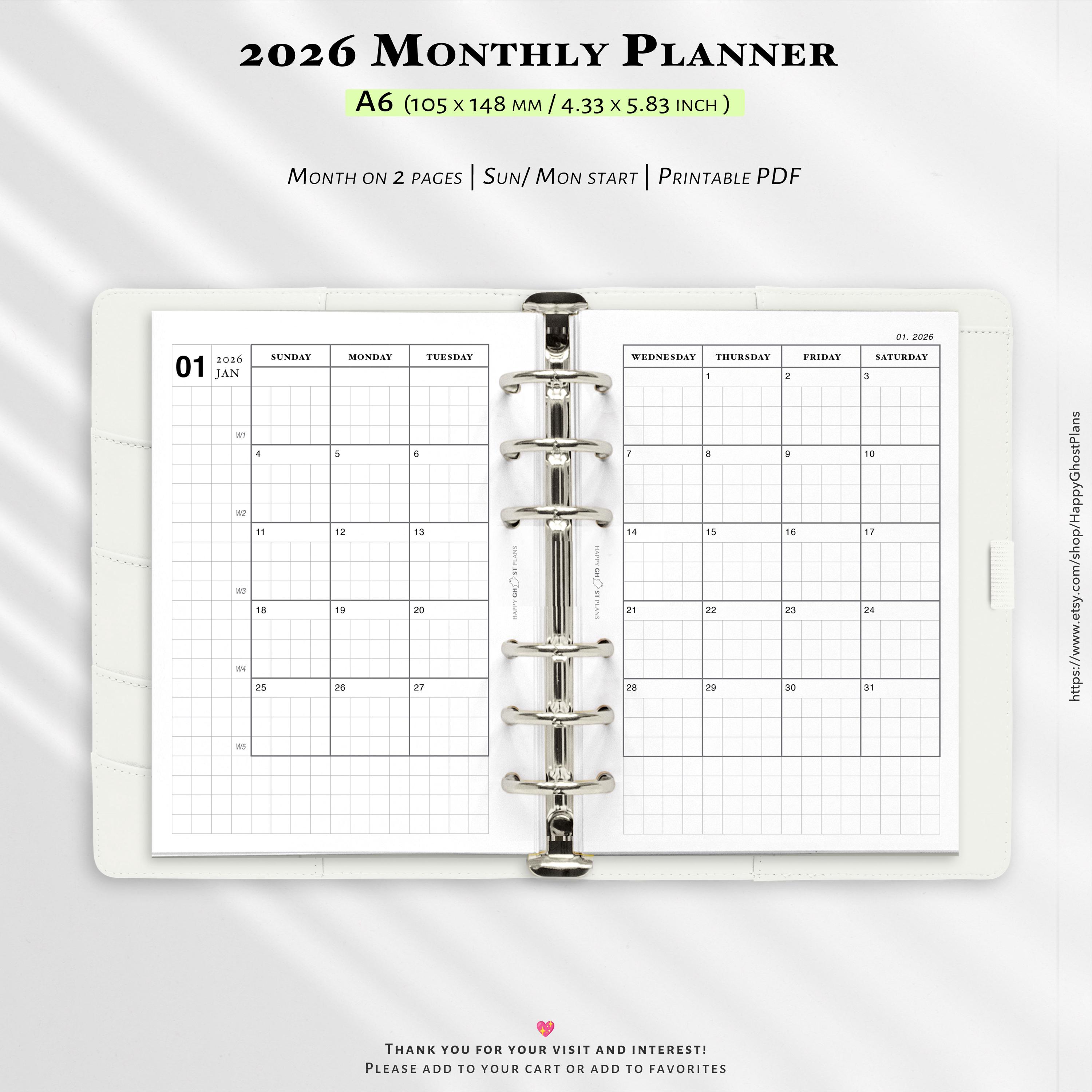 2026 Monthly Planner: Printable A6 Planner Inserts (PDF Download) M118 ...