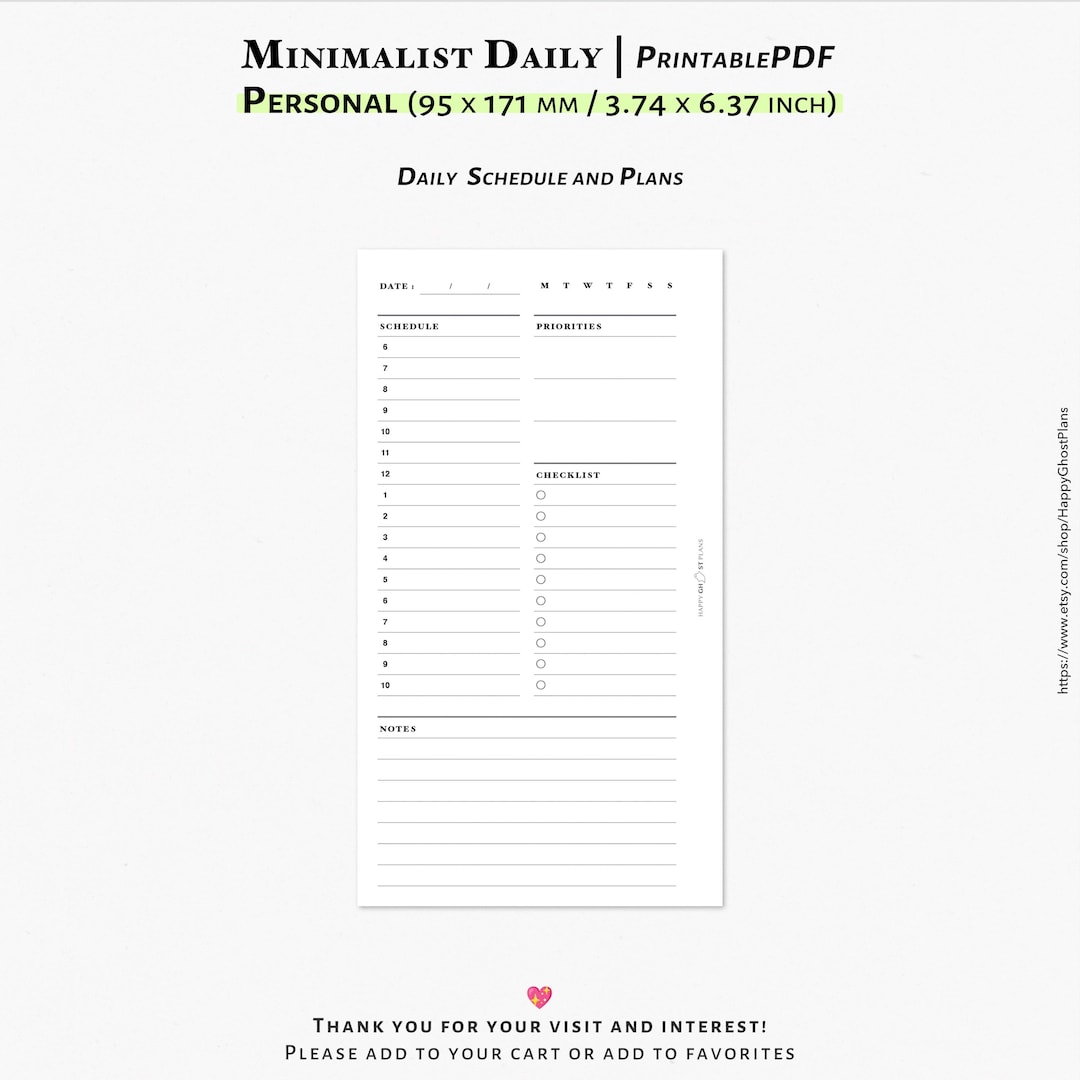 Minimalist Daily Planner Printable | Personal Size Schedule (PDF ...