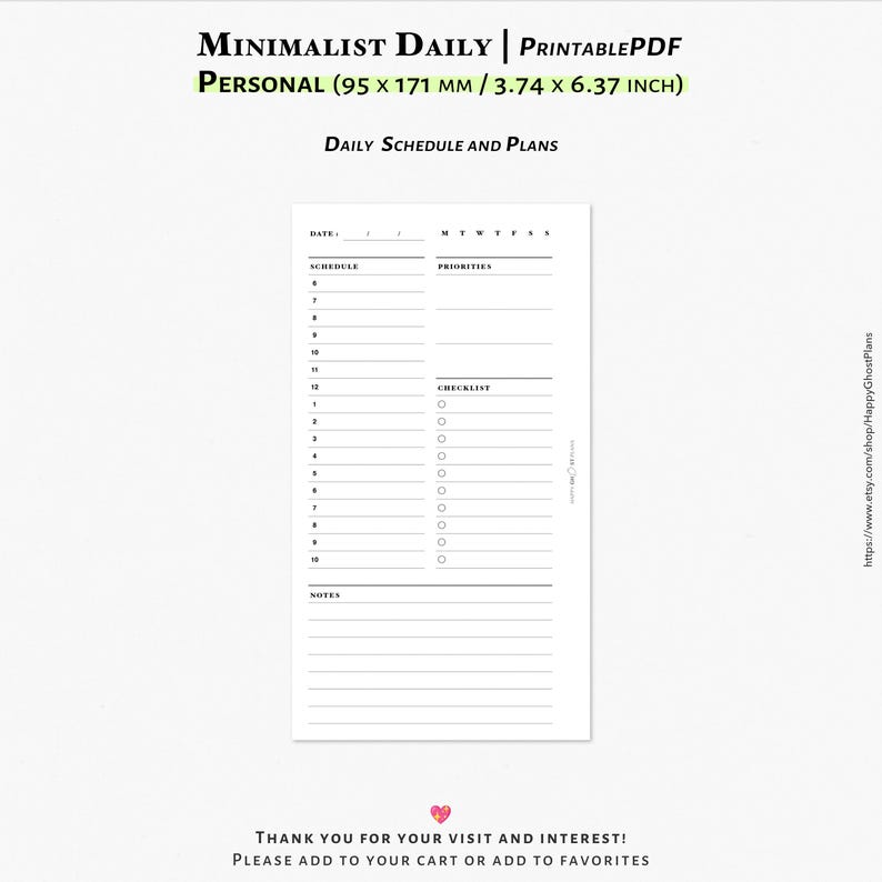 Minimalist Daily Planner Printable | Personal Size Schedule (PDF ...