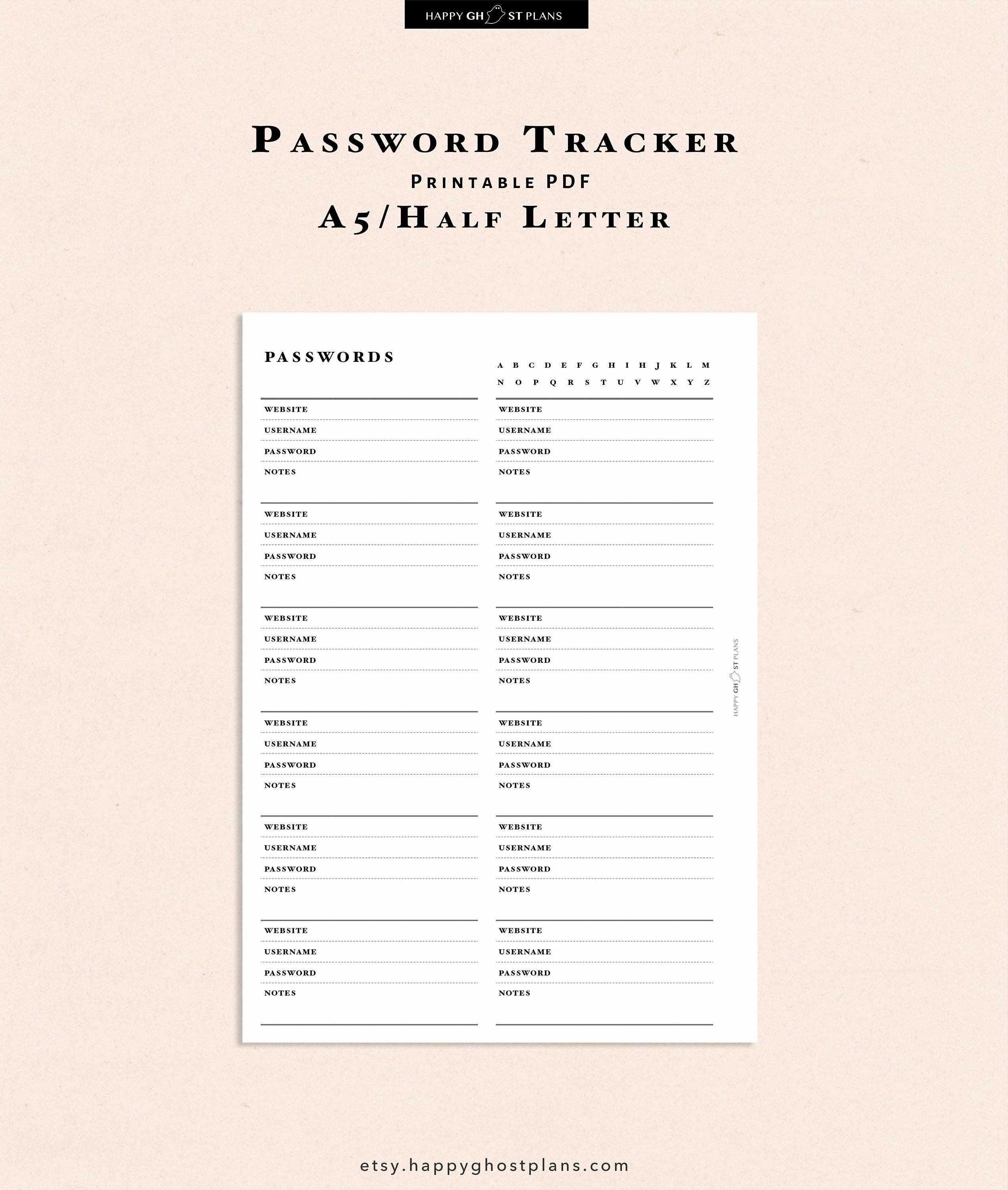 Suivi de mot de passe imprimable, insert PDF remplissable, tracker