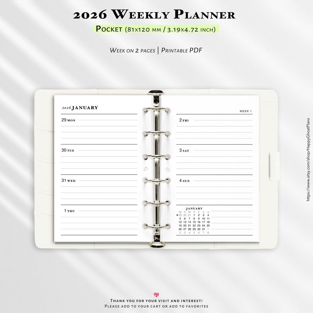 2026 Weekly Planner, Printable Pocket Size Inserts | W101 - Etsy